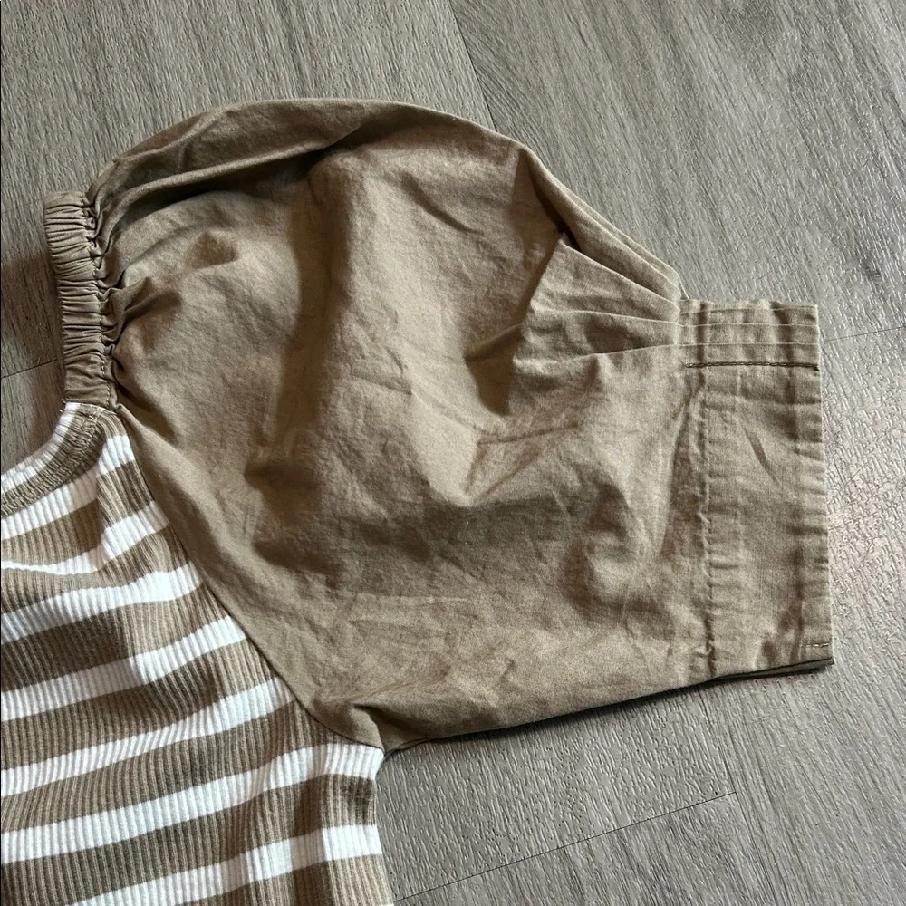 J. Crew Beige and White Striped Puff Sleeve Blouse